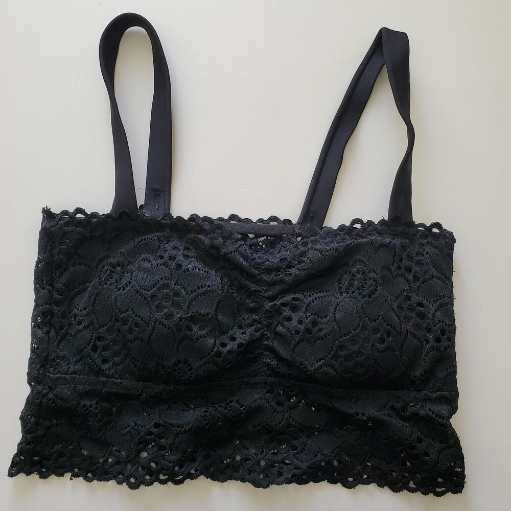 Black Lace Bralette M Removable Padding Cotton Blend Stretch Pull-on Sheer Back